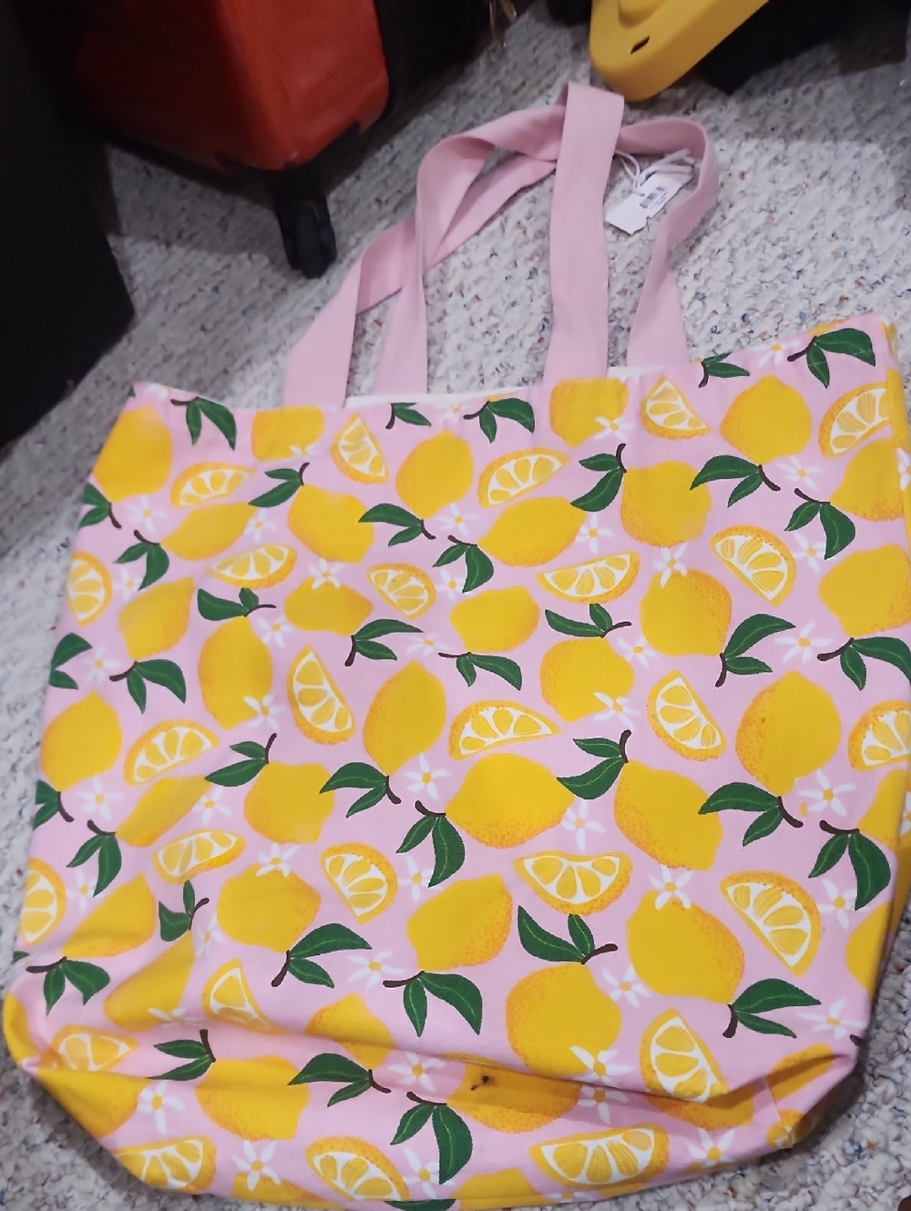 Pink Lemon Print Market Tote Bag - Cute Summer Canvas Shopper- Comfort